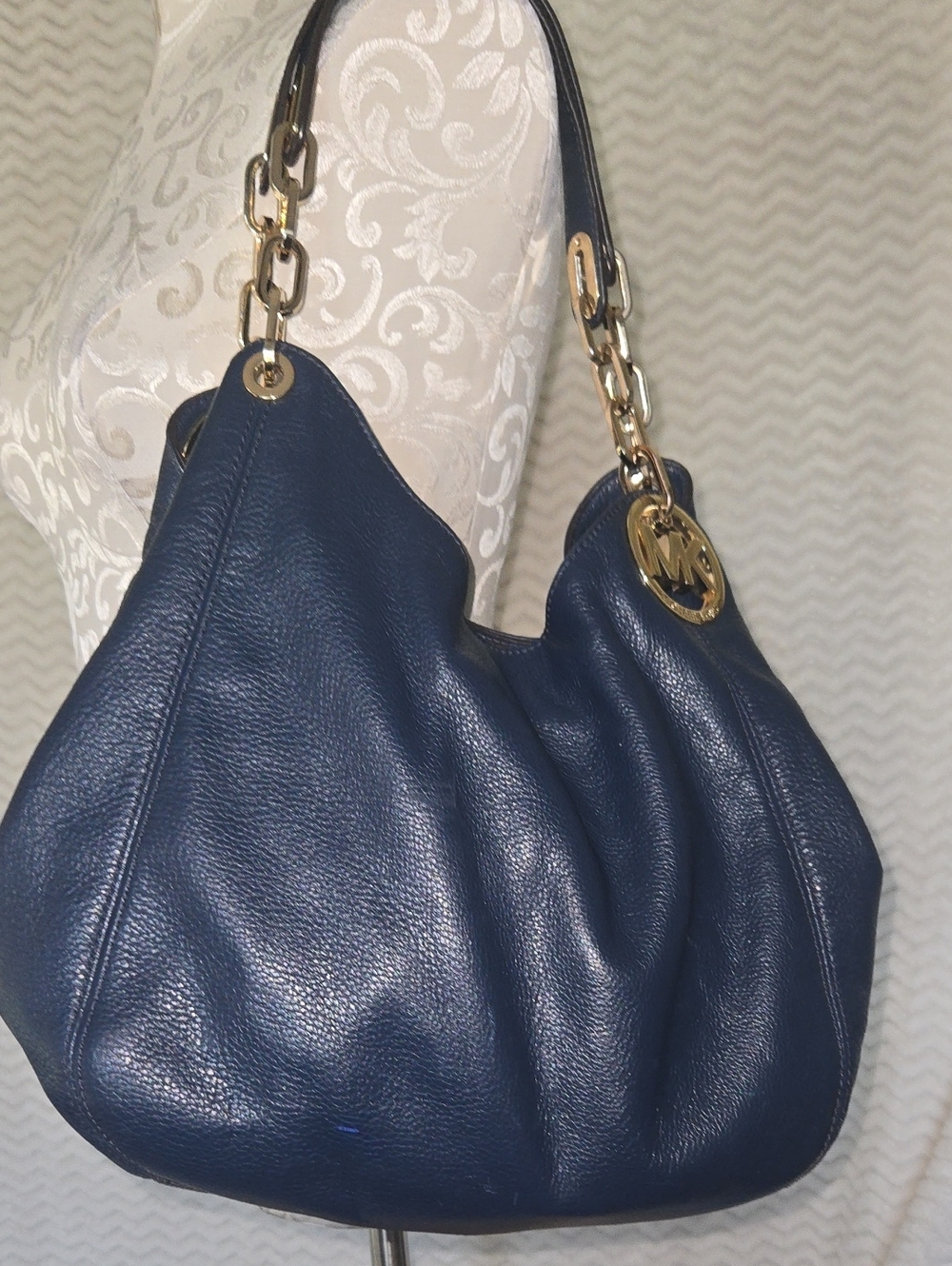 Michael Kors Navy Leather Shoulder Hobo with Gold Chain Trim
